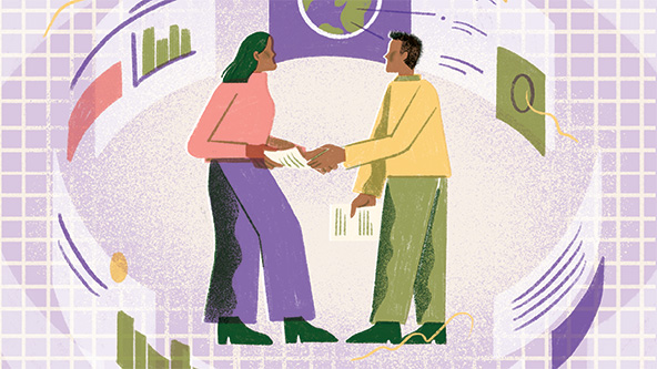 Two people shaking hands surrounded by a circle of data and information