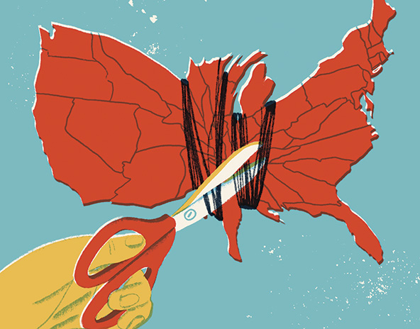 Hand with scissors cutting string tightened around the middle of a map of the United States