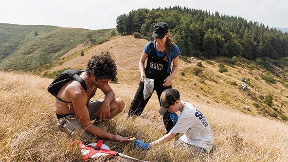 People collecting fungi samples on a grassy hill