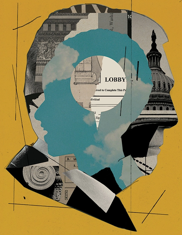 Collage of a lawmaker and a citizen and a thought bubble