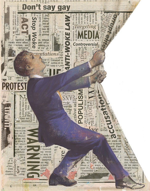 Businessman pulling back a newspaper page collage