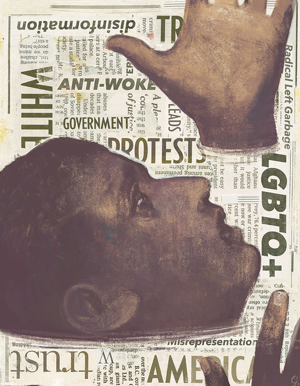 profile of person's face and hands on newspaper collage