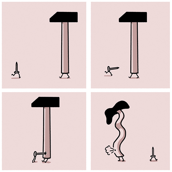 nail walking toward a hammer balloon, punctures it, hammer deflates