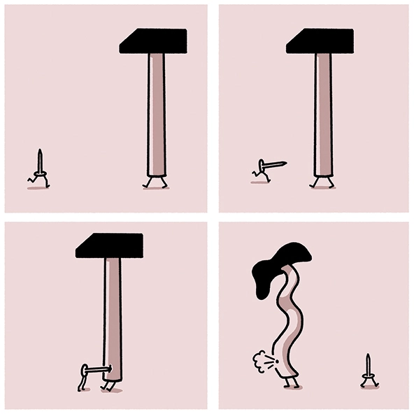 nail walking toward a hammer balloon, punctures it, hammer deflates