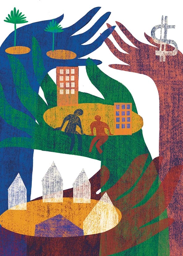 Hands raised holding houses, people, money