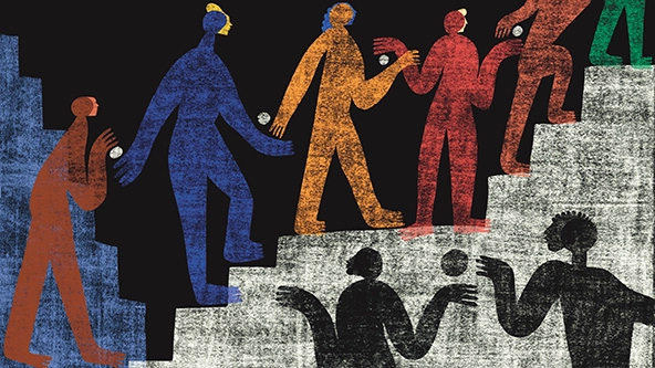 People holding hands walking up stairs