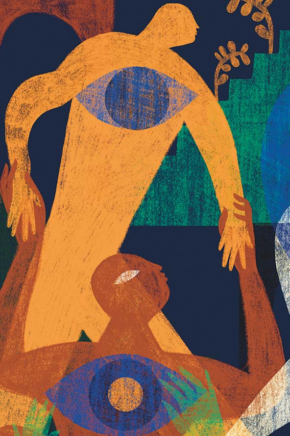 Figures clasping hands and lifting one another