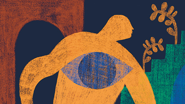 Figure with eye symbol on chest looking forward