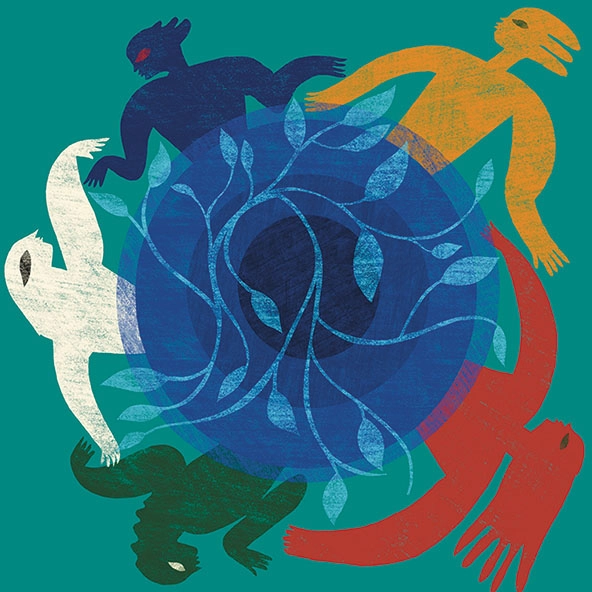 Figures holding hands around a circle covered in vines