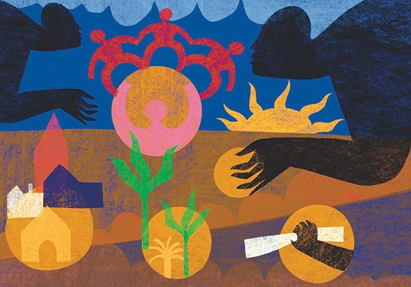 Figures planting seeds with symbols for education, environment, housing, community