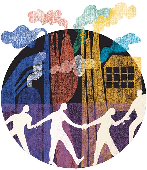 People holding hands walking in front of smokestacks