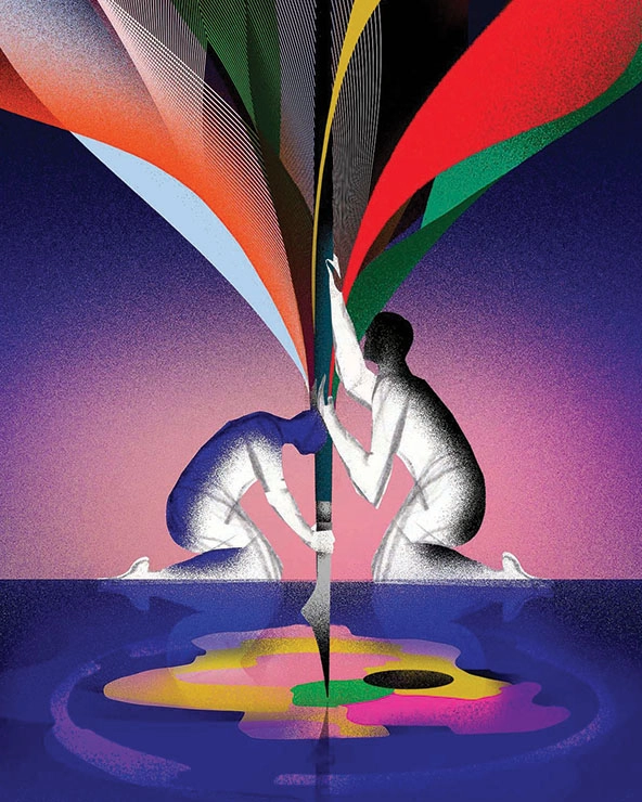 Two people pulling together ribbons of color into a pen that's creating a pool of blended colors