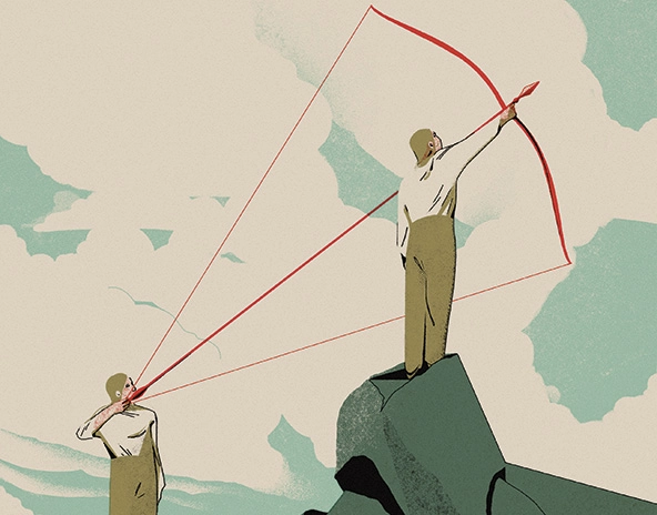 two people holding a giant bow and arrow aimed toward the sky