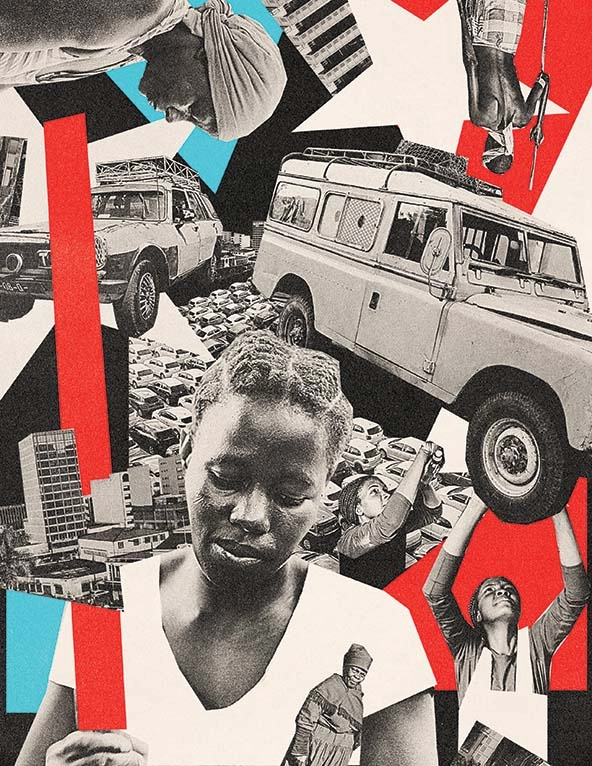 Collage with images of African women; cars; city buildings