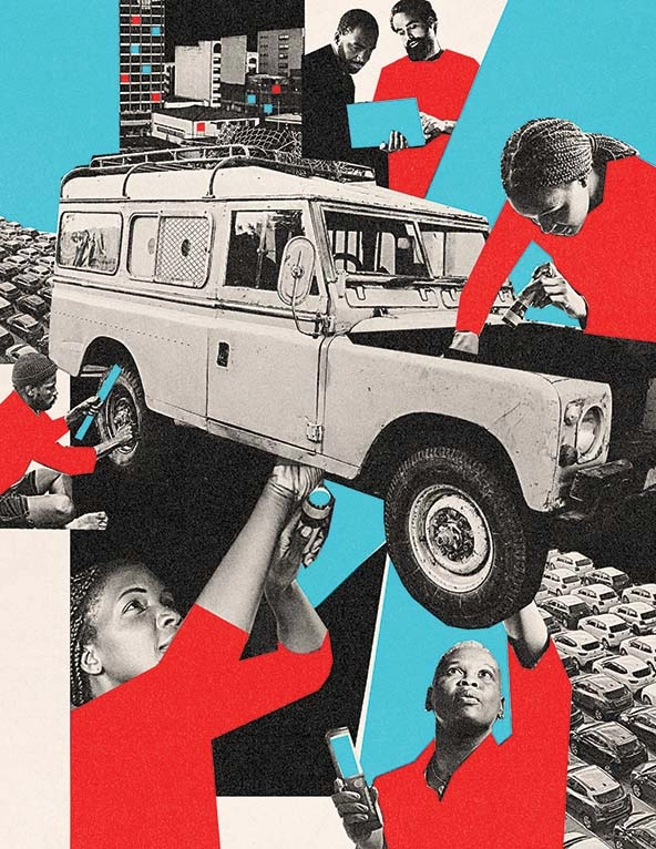 Collage of images, including women fixing a car, men looking at a computer