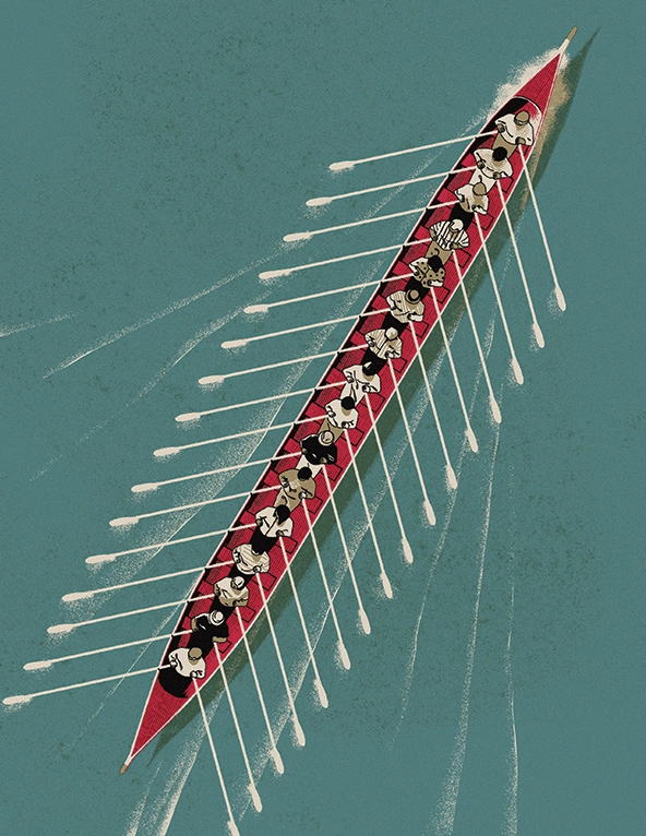 16 people in a long crew row boat rowing oars