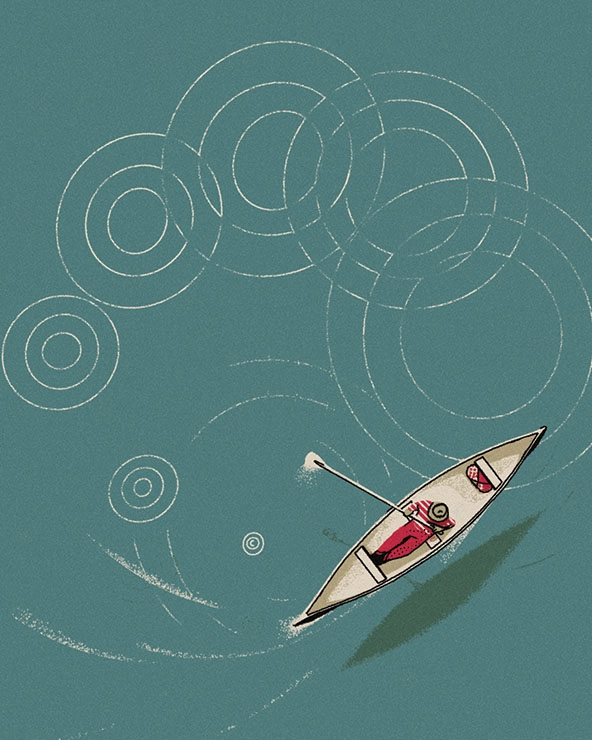 person rowing boat; circles in water