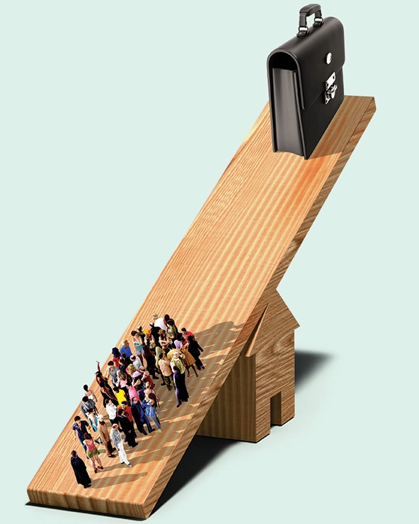 a seesaw with a group of people on one side weighed down to the ground; a brief case on the other side lifted in the air