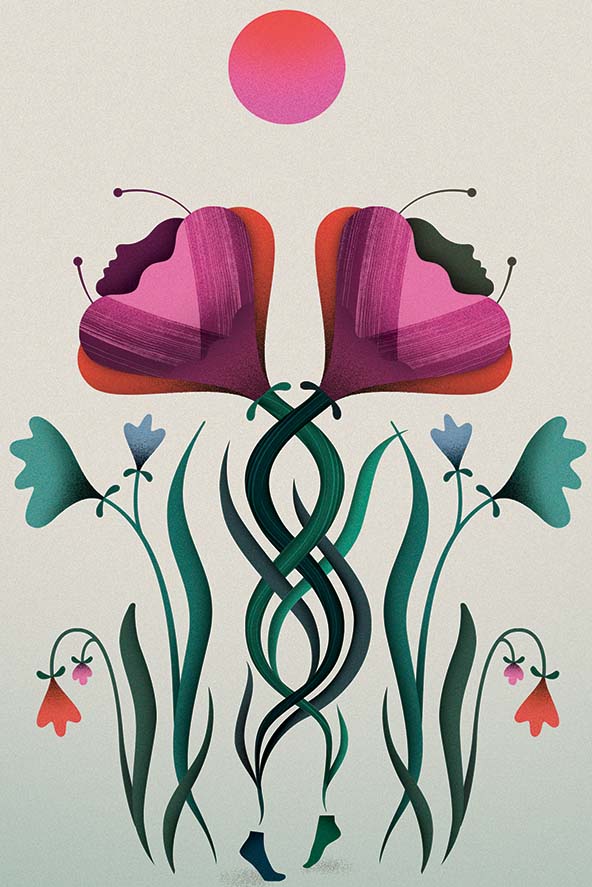 Two flowers with interlocking stems raised toward the sun
