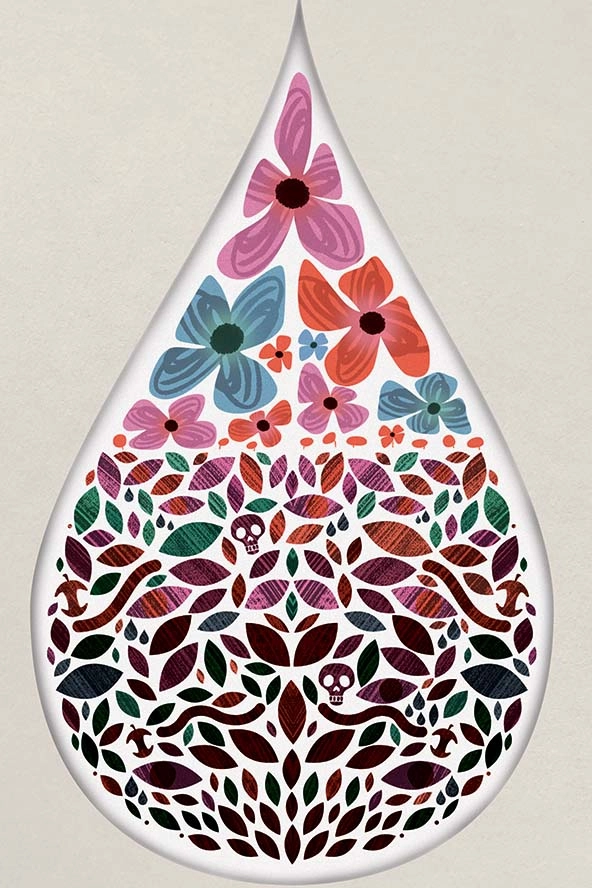 teardrop shape filled with flowers, leaves, and two tiny skulls to signify composting