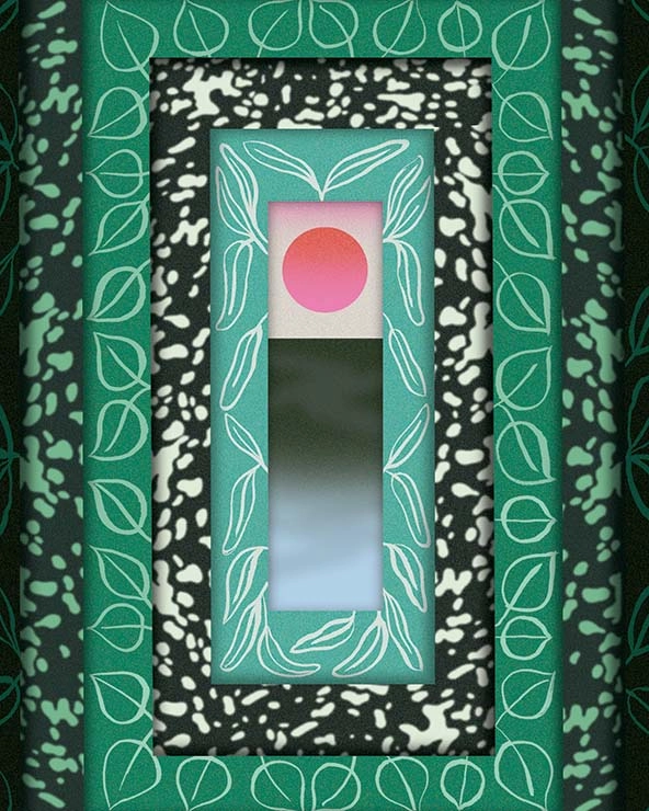 framing leaf designs surround a pink circle rising above a shadow