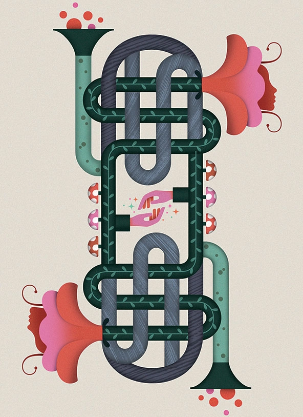 twisted loops of pipe with funnel at one end and flower at another