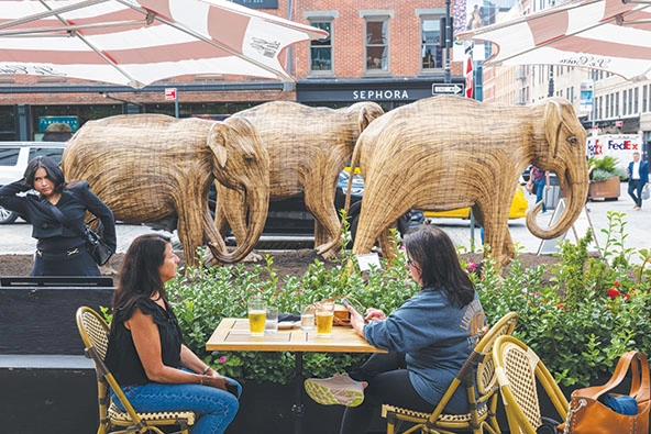 Elephant sculptures on a city street next to cafe