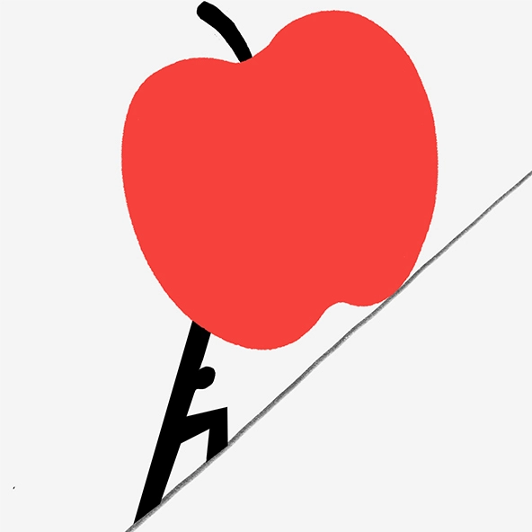 figure pushing an apple up a hill