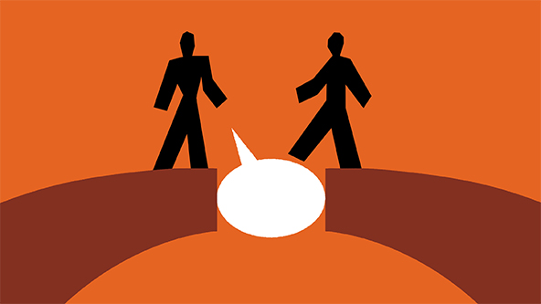 two figures on a bridge with a speech bubble in the center