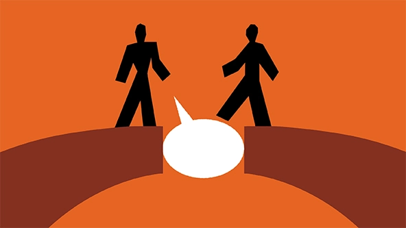 two figures on a bridge with a speech bubble in the center