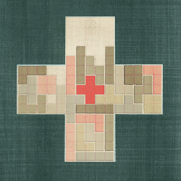 cross shape filled with tetris squares; one cross-colored red at the center