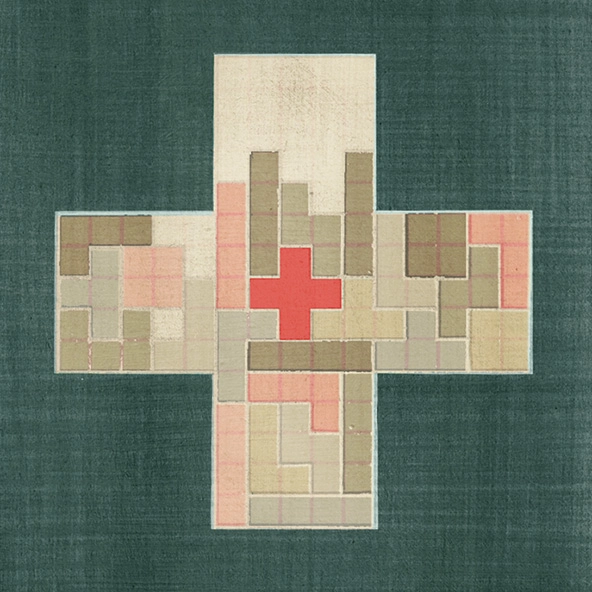 cross shape filled with tetris squares; one cross-colored red at the center