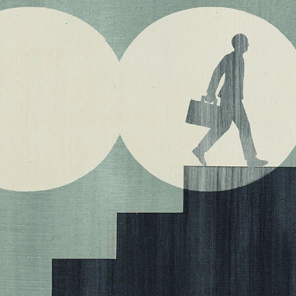 figure carrying a briefcase at the top of a flight of stairs