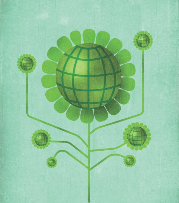 Illustration of a green globe on a structure that looks like a plant