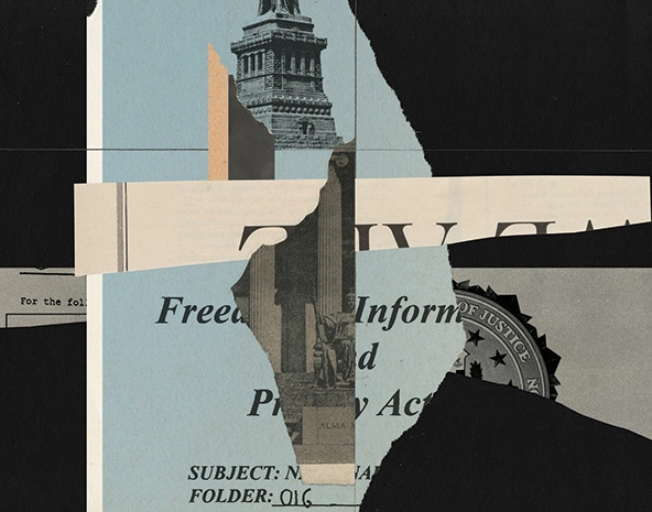 collage of icons representing liberty and justice