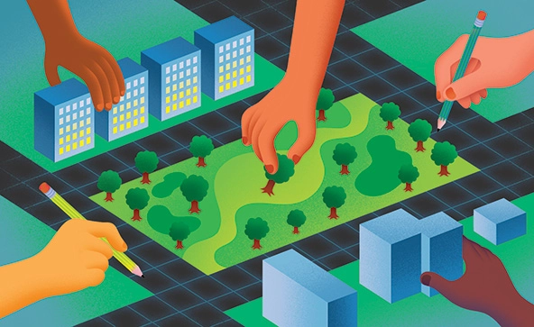 Illustration of hands arranging items in a park in a city