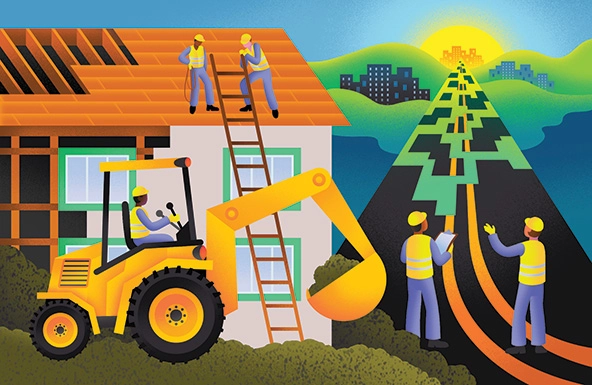 Illustration of a tractor and construction workers by a house and road