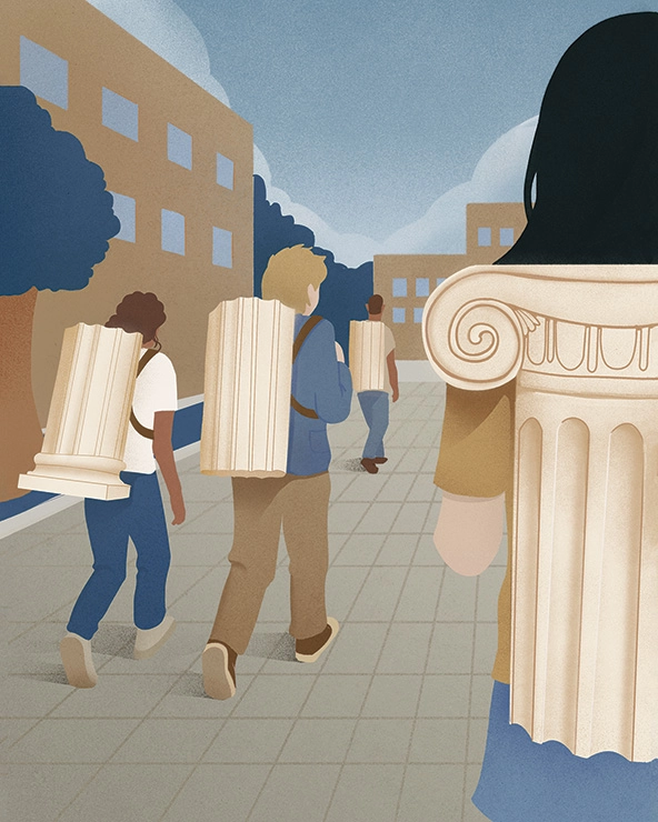 Illustration of youth walking while wearing chunks of Greek stone pillars as backpacks