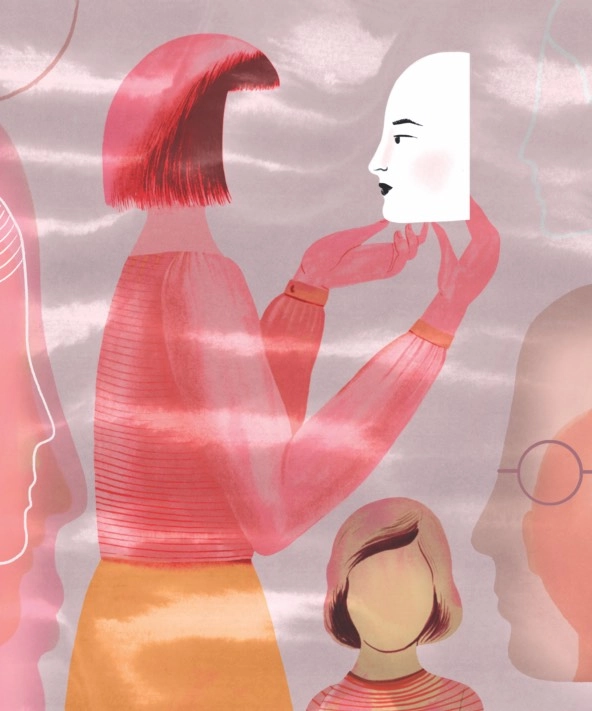 woman without a face holding up a white mask