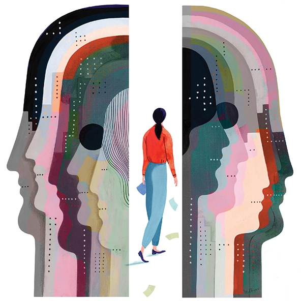 figure walking through break in profiles of people