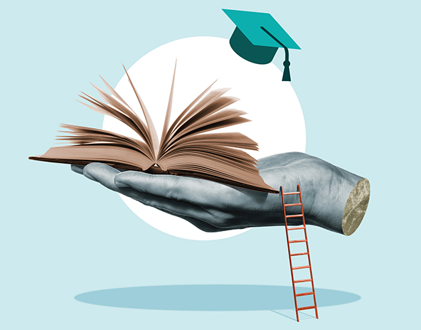 collage of open palm, book, graduation hat
