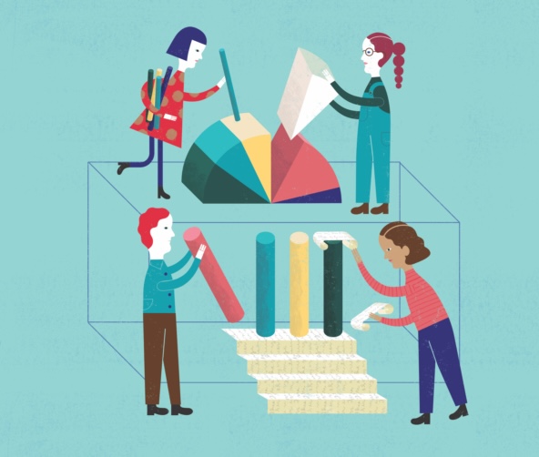 illustration of people working next to charts and columns