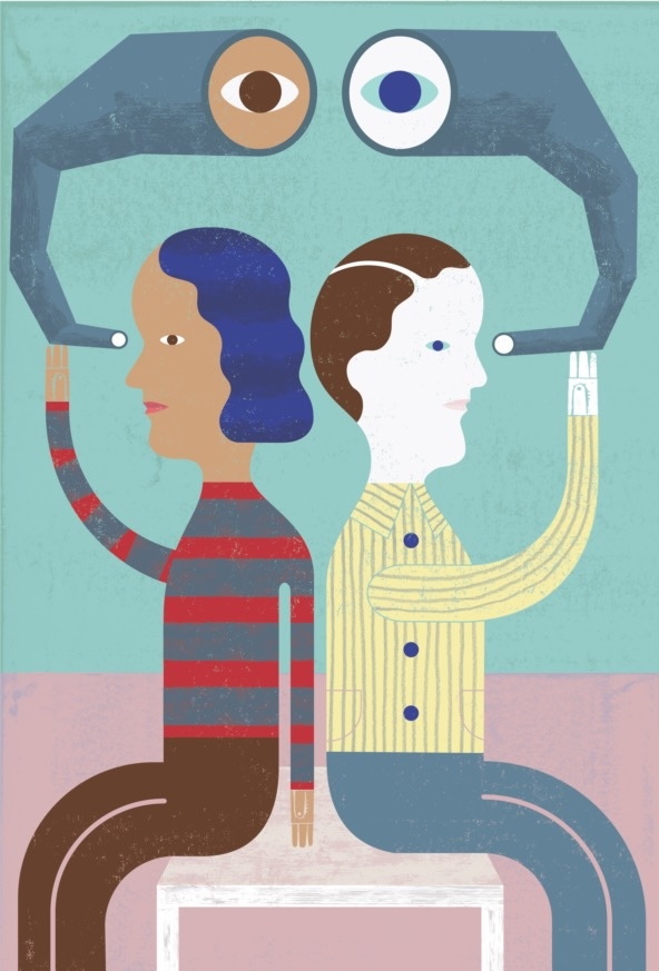 illustration of two people sitting back to back and holding horn-shaped devices with eyes on the end of them