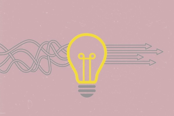 drawing of a yellow light bulb on a colorful background with lines running across it