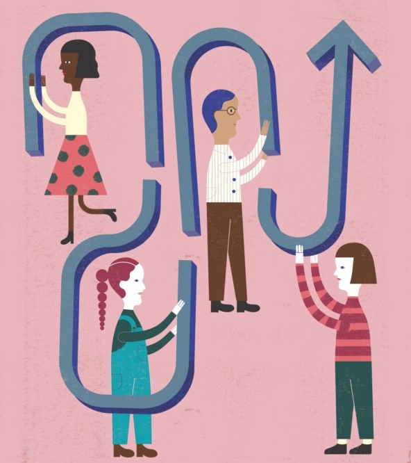 illustration of four people holding a winding arrow together