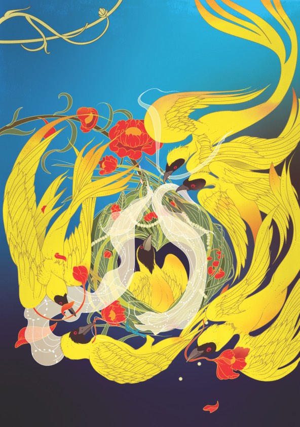 illustration of golden birds and red flowers