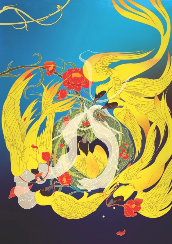 illustration of golden birds and red flowers