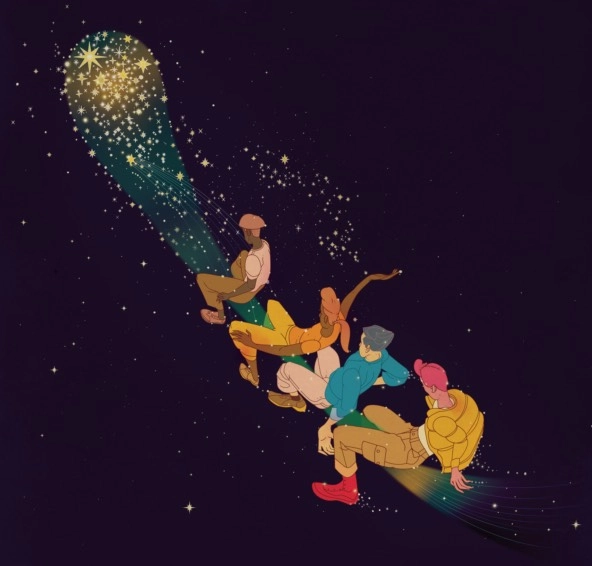 illustration of people riding a comet in the night sky