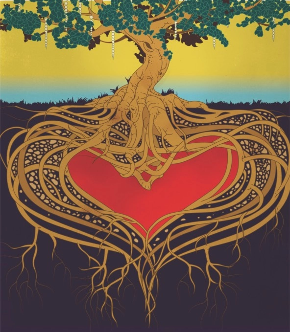 Illustration of a tree with roots in the shape of a heart