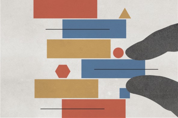 Illustration of fingers holding colorful rectangular block and sliding it in or out of a block structure